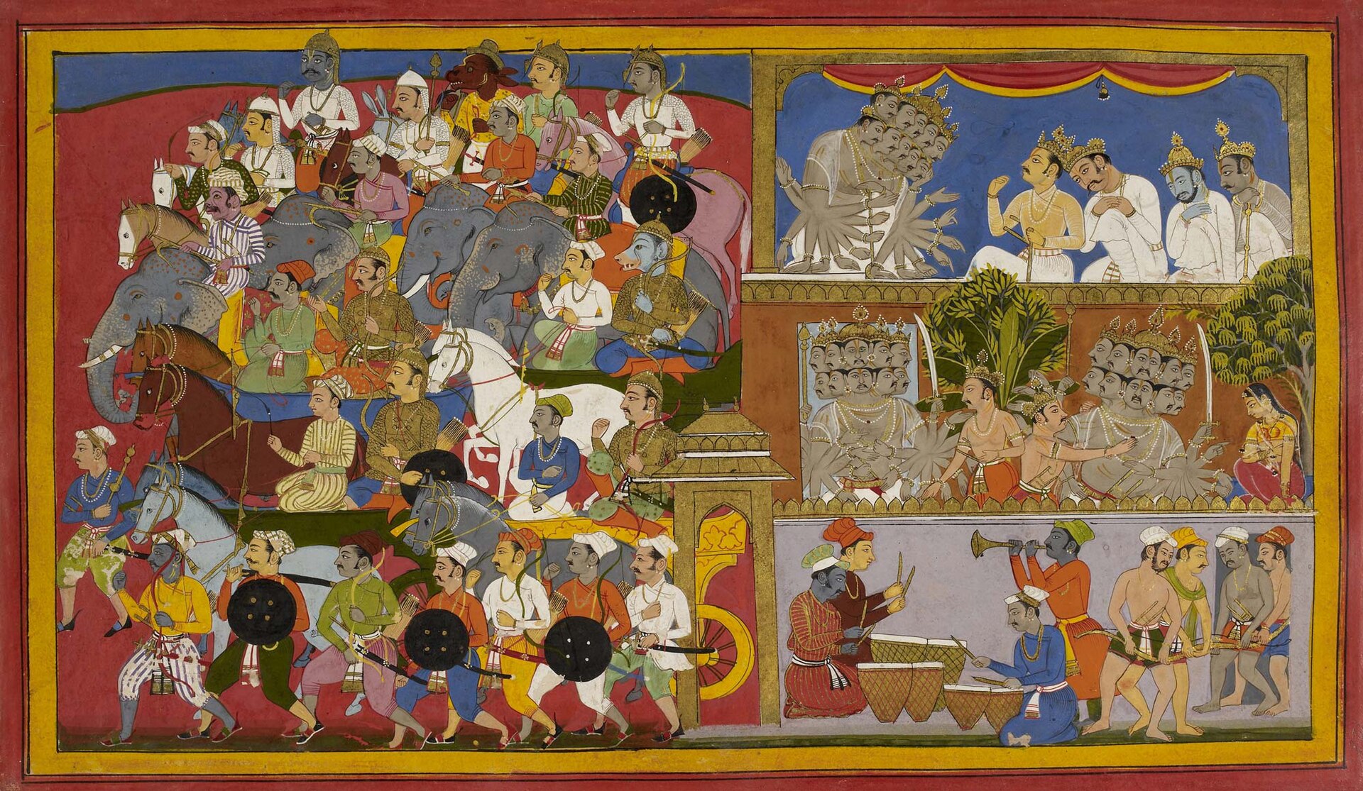 A vibrant Indian miniature painting shows a royal procession with elephants and Hindu deities, reflecting the rich cultural.